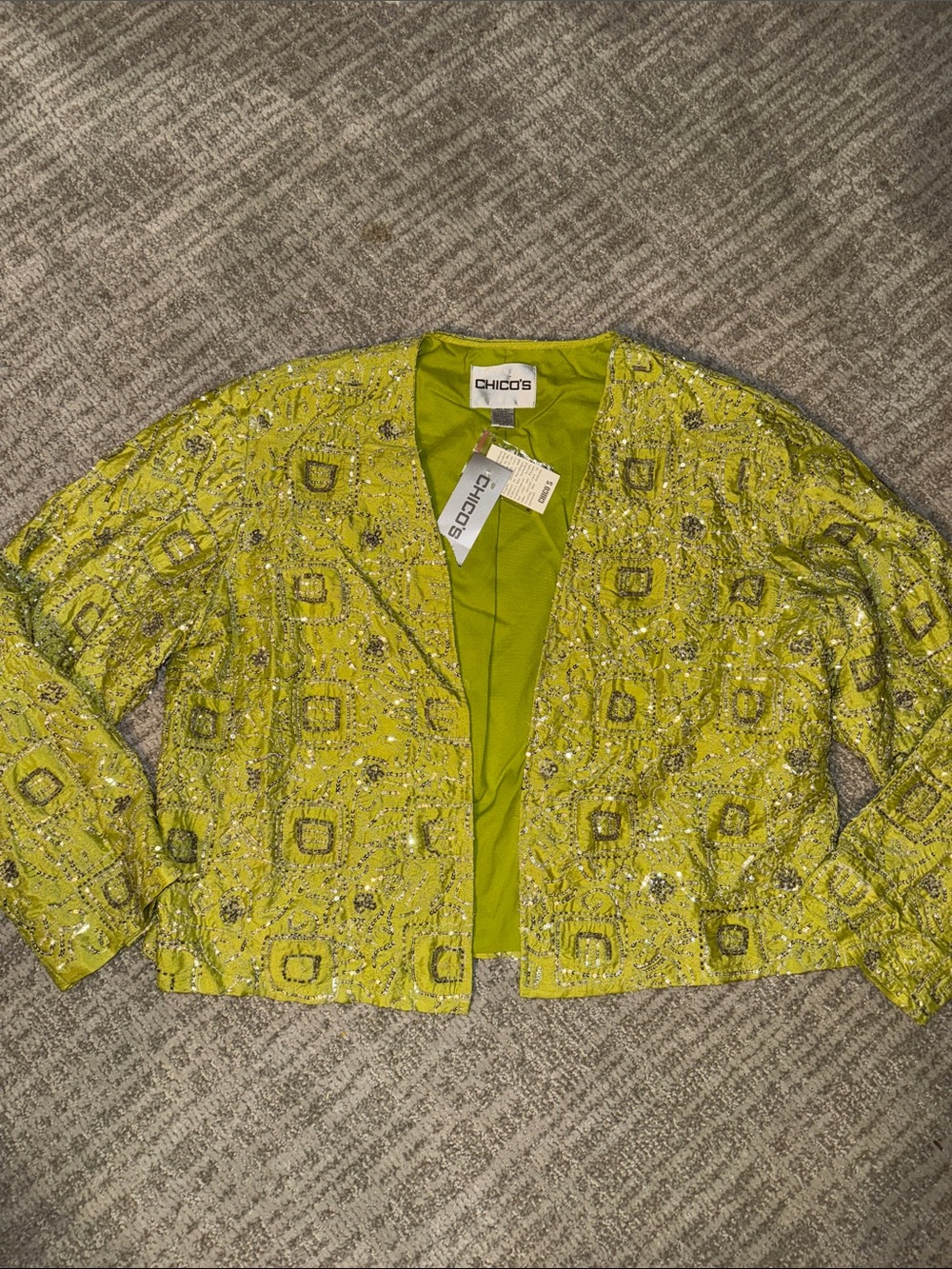 NEW Chico’s vintage jacket suit blazer open front 3 16 sequins silk embroidered
